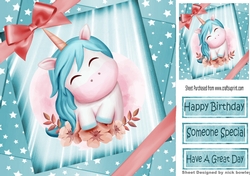 fantasy watercolour  unicorn in turq star spangled sky with bow 8x8