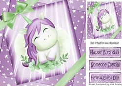 fantasy watercolour unicorn in purple star spangled sky with bow 8x8