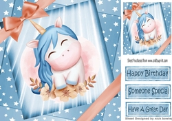 fantasy watercolour  unicorn in blue star spangled sky with bow 8x8