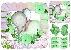 pretty rainbow frill frame with baby ele and flowers 8x8 green