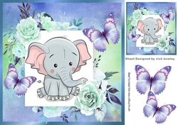 Cute Ele in frame of roses with butterflies 8x8 blue