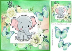 Cute Ele in frame of roses with butterflies 8x8 green