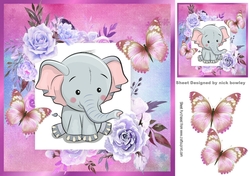 Cute Ele in frame of roses with butterflies 8x8 pink