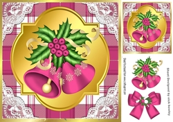 pink Tartan & Lace With Christmas bells and bow 8x8