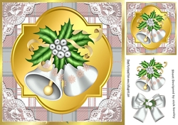Silver Tartan & Lace With Christmas bells and bow 8x8