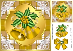 Gold Tartan & Lace With Christmas bells and bow 8x8