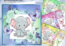  4 Cute Ele Card fronts  in frame of roses with butterflies 8x8 mini kit