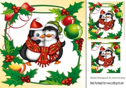 Lovely cuddle penguins in holly and berry frame 8x8