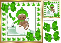 Cute Gingerbread in the snow with green bows 8x8 (three)
