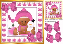 Cute Gingerbread in the snow with pink bows 8x8 (one)