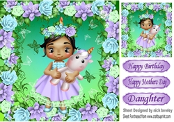 sweet little girl holding a unicorn, in purple rose frame 8x8