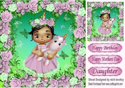 sweet little girl holding a unicorn, in pink rose frame 8x8