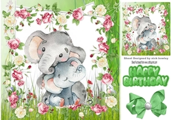 Cute water colour cuddling elephants in flower frame with bow 8x8
