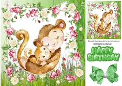 Cute water colour cuddling monkey & baby in flower frame with bow 8x8