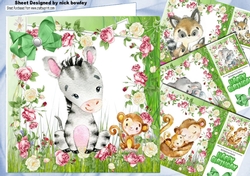 4 Cute water colour animal card fronts in flower frames with bows 8x8 mini kit