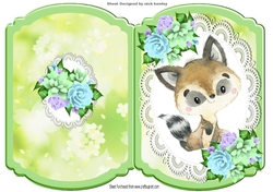 Cute Raccoon on lace with pretty flowers bracket card