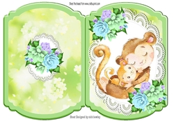 Cute monkey cuddling baby  on lace with pretty flowers bracket card