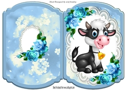 Cute baby calf on lace with blue roses bracket card