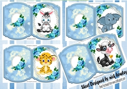 4 Cute Animals on lace with blue roses bracket cards mini kit