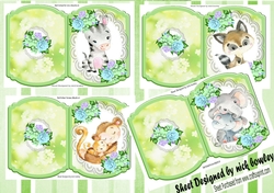  4 Cute cuddling animals on lace with pretty flowers green bracket card mini kit