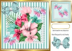 Tropical pink flowers with exotic butterflies in stripe 8x8 frame