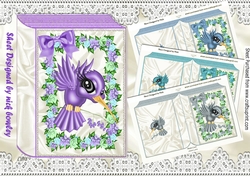  4 Pretty toon  humming birds with flowers and bow folded book mini kit