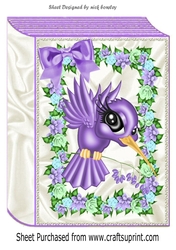 A4 Purple toon humming bird with flowers and bow folded book Card front