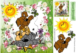 Dogs playing in the garden with smiling sun 8x8