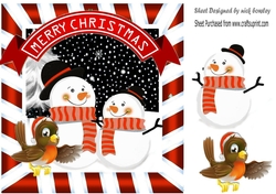 Lovely pair of toon snowmen with robin in red striped frame 8x8