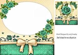 Pretty card front/insert with corner turq roses/topper 8x8