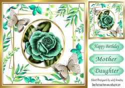 Turq rose with leaves and paper butterflies 8x8