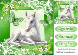 Pretty white unicorn in green ornate frame with butterflies 8x8