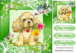 cute puppy with little bird in green ornate frame 8x8