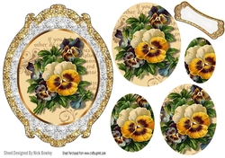 Pretty vintage topper in glitter with pansies on script pyramids