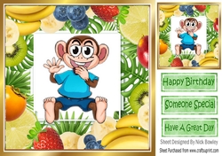 Cheeky monkey in blue t shirt assorted fruit frame 8x8
