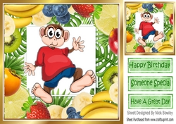 Cheeky monkey in red t shirt assorted fruit frame 8x8