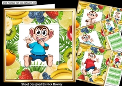 4 Cheeky Monkeys in t shirts in fruit frame 8x8 card/fronts mini kit