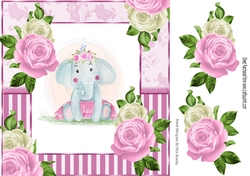 Cute water colour ele in tutu with pink/cream roses 8x8