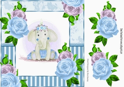 Cute water colour ele in tutu with blue/lilac roses 8x8
