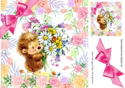 cute little hedgehog with flowers, in flower frame 8x8