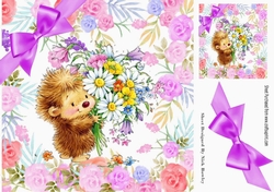 cute little hedgehog with flowers, in flower frame wih purple bow 8x8