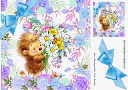 cute little hedgehog with flowers, in flower frame wih blue bow 8x8