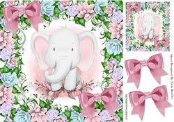 Cute pink water colour ele in flower frame and bows 8x8
