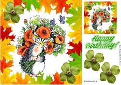 Hedgehog in Autumn leaf frame with flowers 8x8