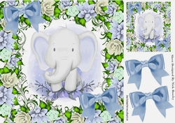 Cute water colour ele in flower frame and blue bows 8x8