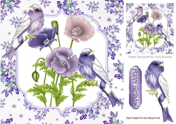 Pretty delicate flowers in purple with birds card front 8x8