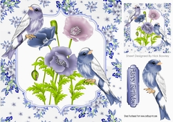 Pretty delicate flowers in blue with birds card front 8x8