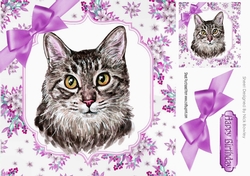 Pretty delicate flowers in lilac with water colour cat card front 8x8