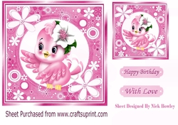 Cute little pink bird in flower frame 7x7