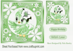 Cute little green bird in flower frame 7x7